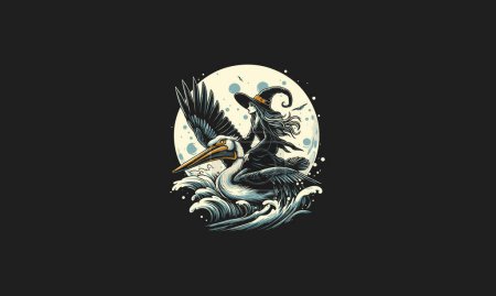 Illustration for Witch riding pelican flying on moon vector artwork design - Royalty Free Image