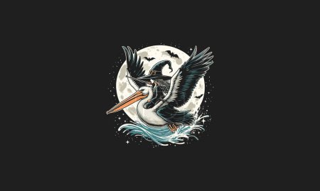 witch riding pelican flying on moon vector artwork design