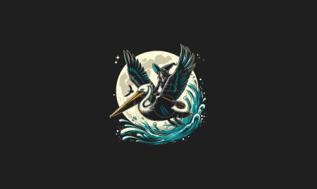 witch riding pelican flying on moon vector artwork design