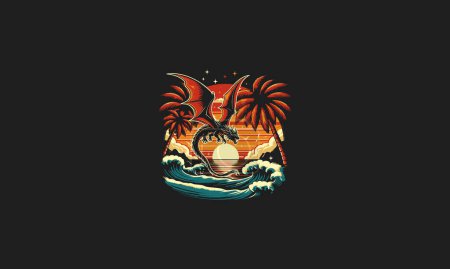 dragón volando en la playa y diseño de obras de arte vector de palma