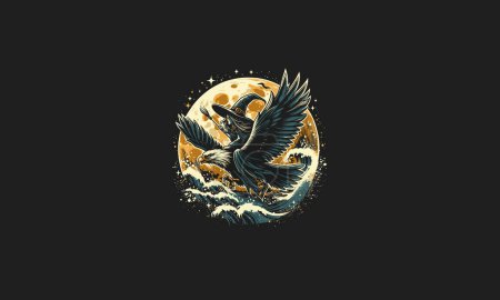 eagle flying on moon with witch vector artwork design
