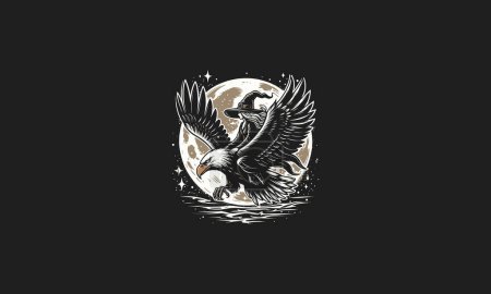 eagle flying on moon with witch vector artwork design