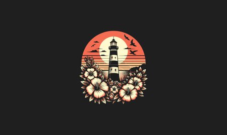 lighthouse with red rose vector artwork tattoo design