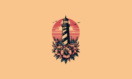 lighthouse with red rose vector artwork tattoo design