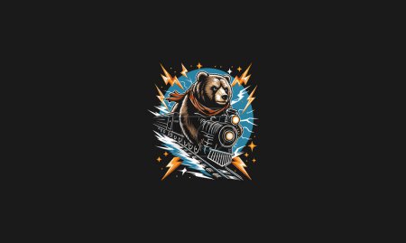 Illustration for Bear riding train with background lightning vector artwork design - Royalty Free Image