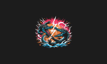 crocodile fight with lightning background vector artwork design