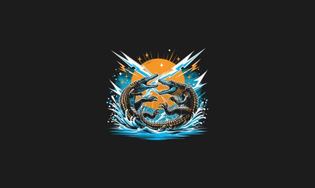 crocodile fight with lightning background vector artwork design