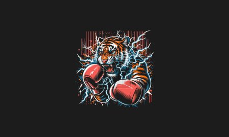 Téléchargez les illustrations : Tigre furieux rugissement portant gant boxe vectoriel illustration design - en licence libre de droit
