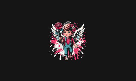Ilustración de Bebé ángel hold rojo rosa vector diseño de obras de arte - Imagen libre de derechos