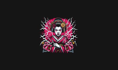 Illustration for Geisha angry with lightning vector artwork design - Royalty Free Image