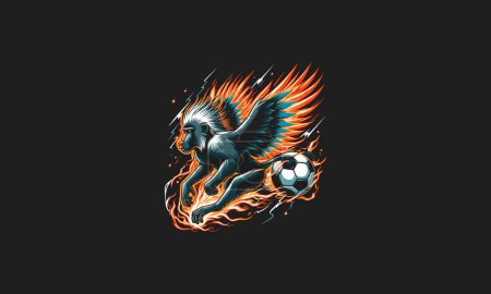 baboon playing soccer with wings and flames lightning vector design