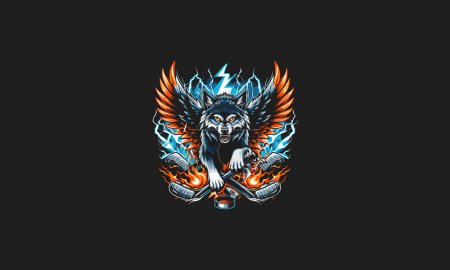 wolf with wings angry flames and lightning vector design