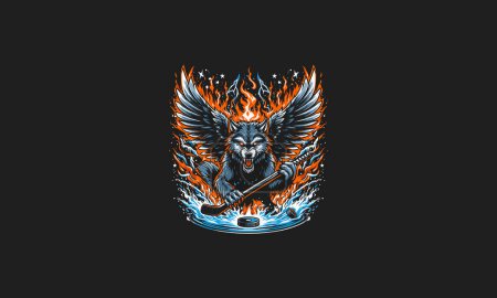 Wolf mit Flügeln wütende Flammen und Blitzvektordesign