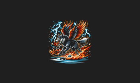 Wolf mit Flügeln wütende Flammen und Blitzvektordesign