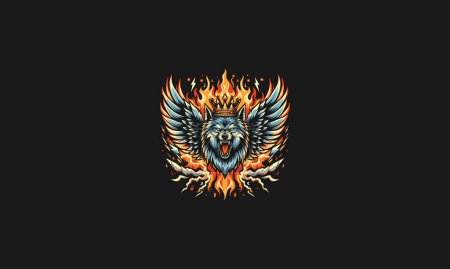 Illustration for Head wolf wearing crown angry with wings flames lightning vector design - Royalty Free Image