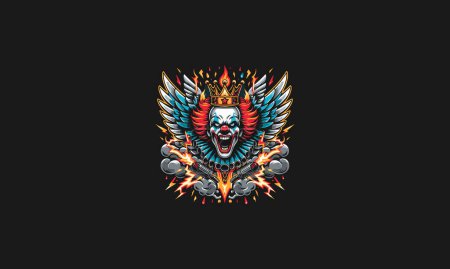 clown angry wearing crown with wings flames lightning vector design