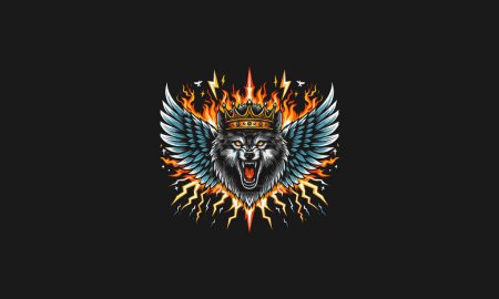Ilustración de Cabeza lobo vistiendo corona enojado con alas llamas rayo vector de diseño - Imagen libre de derechos