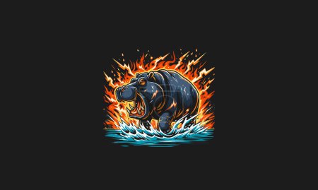 hippopotame avec flammes vecteur colère plat design