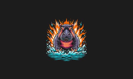 hippopotame avec flammes vecteur colère plat design