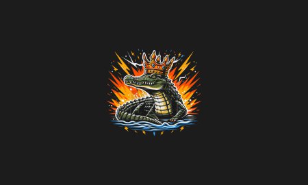 crocodile wearing crown with flames and lightning vector design