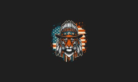 Illustration for Head tiger wearing hat american indian vector design - Royalty Free Image