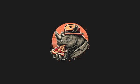 Illustration for Rhino eat pizza wearing hat vector mascot design - Royalty Free Image