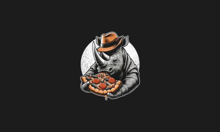 Illustration for Rhino eat pizza wearing hat vector mascot design - Royalty Free Image