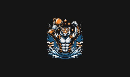 tiger roar raises trophy vector mascot design