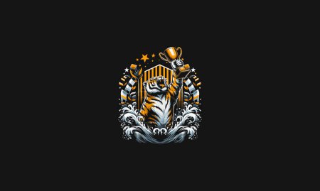 tiger roar raises trophy vector mascot design
