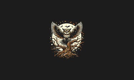 Illustration for Owl on tree night moon vector mascot design - Royalty Free Image