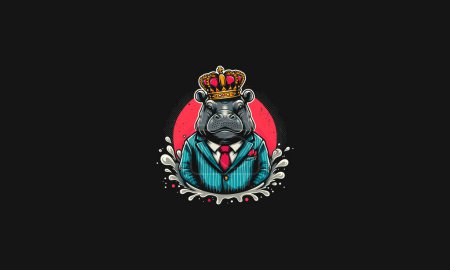 hippo wearing suite and crown vector flat design