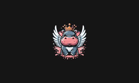 hippo wearing crown with wings vector mascot design