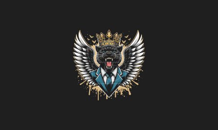 Illustration for Panther roar wearing suite and crown with wings vector artwork design - Royalty Free Image