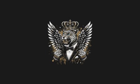 Illustration for Leopard wearing suite and crown with wings vector artwork design - Royalty Free Image