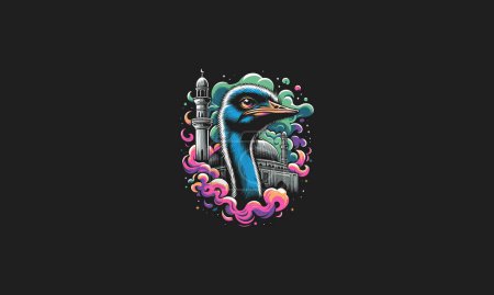 Illustration for Ostrich with mosque on clouds vector mascot design - Royalty Free Image