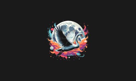 flying swan on moon vector artwork design
