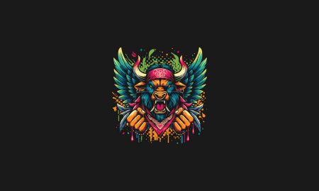 Illustration for Head bull angry with wings and bandana vector artwork design - Royalty Free Image