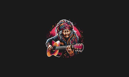 grandma playing guitar with dreadlocks vector artwork design