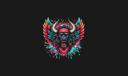 Illustration for Head bull angry with wings and bandana vector artwork design - Royalty Free Image