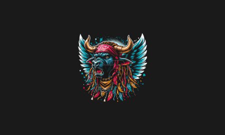 Ilustración de Cabeza toro enojado con alas y bandana vector diseño de obras de arte - Imagen libre de derechos