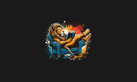 lion relax reading book vector illustration logo design