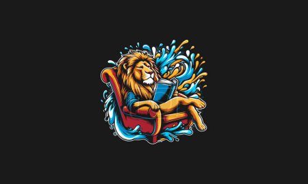 lion relax reading book vector illustration logo design