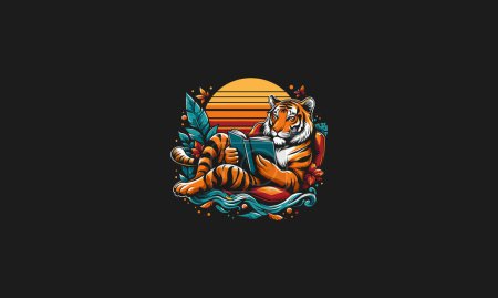 tiger relax reading book vector artwork design