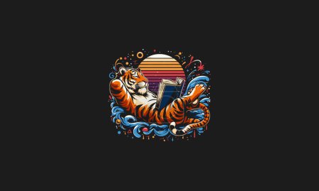 tiger relax reading book vector artwork design