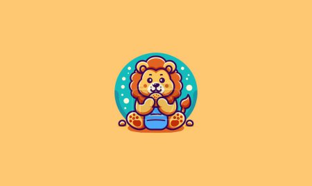 lion cute is sitting and eating snack vector flat design