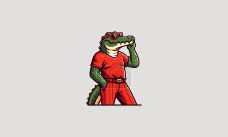 Téléchargez les illustrations : Crocodile portant un t-shirt en verre rouge et soleil vecteur de conception de mascotte - en licence libre de droit