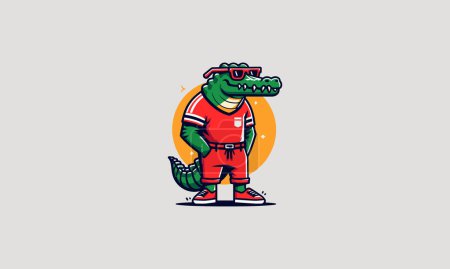 Téléchargez les illustrations : Crocodile portant un t-shirt en verre rouge et soleil vecteur de conception de mascotte - en licence libre de droit