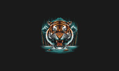 tigre enojado en bosque y lago vector diseño de obras de arte