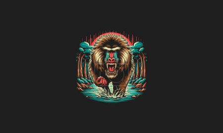 baboon angry on forest and lake vector artwork design