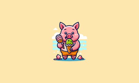 pig eat ice cream vector mascot flat design